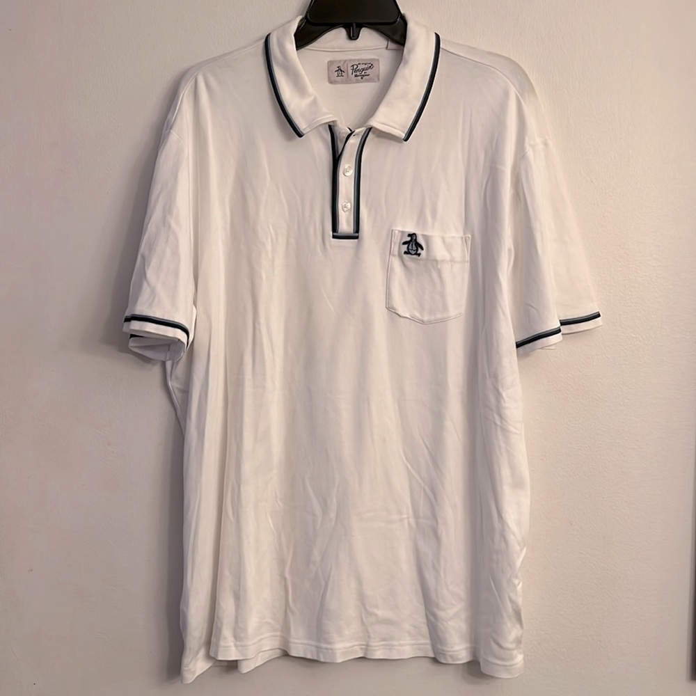 Penguin Polo Shirt White and Blue Outlines Sports Golf Pickleball Men’s XXL